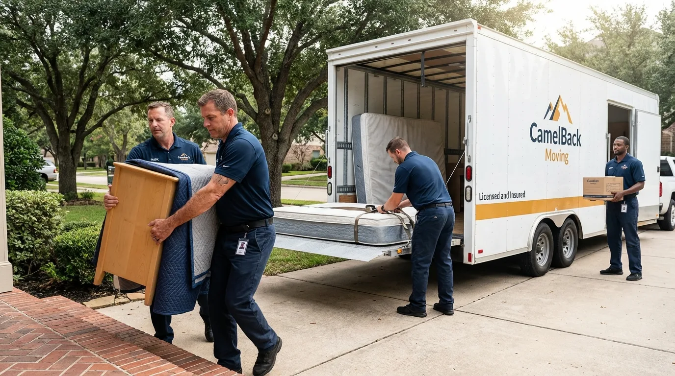 Crew loading residential truck for cross-state move from Jamestown, ND