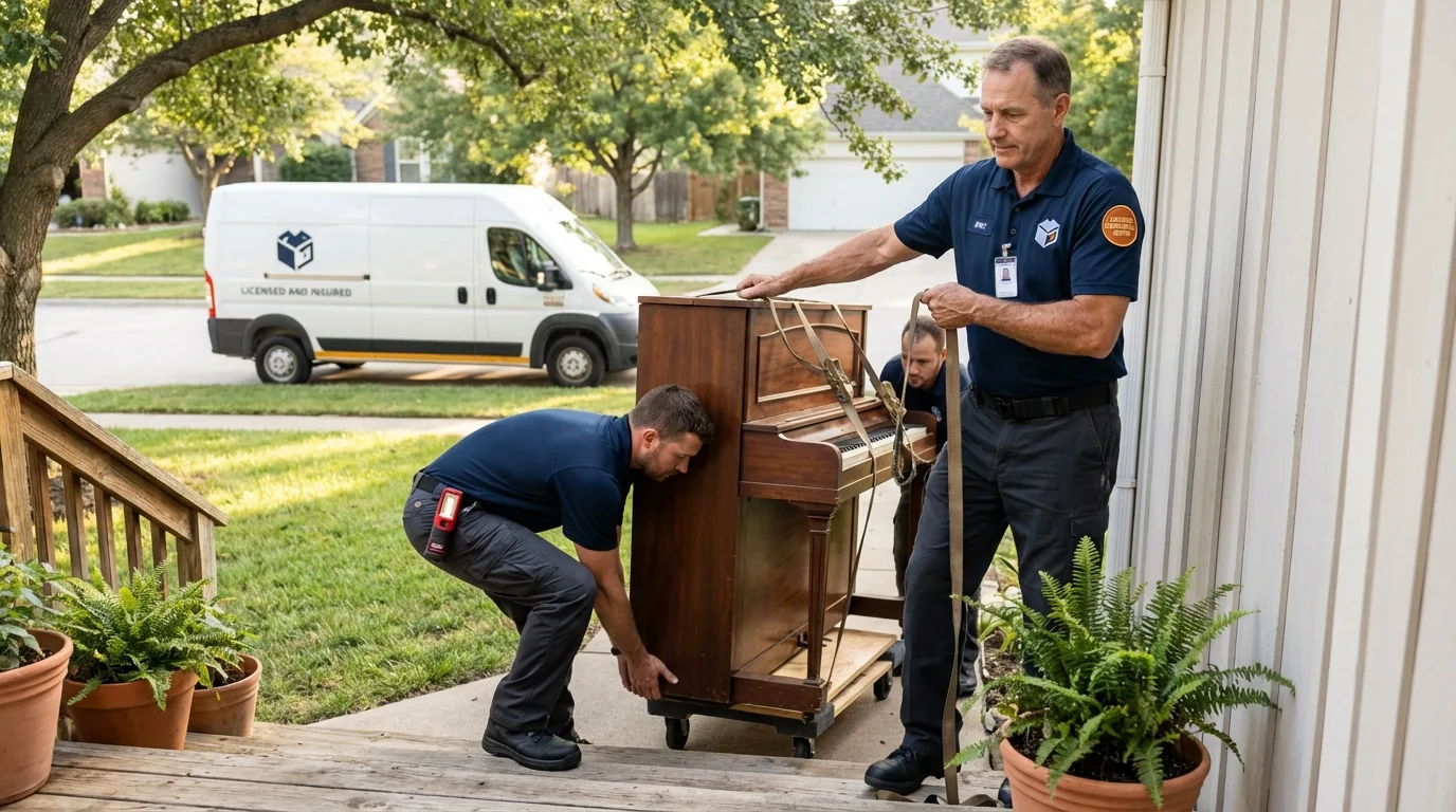 Licensed piano movers securing grand piano in Jamestown, ND
