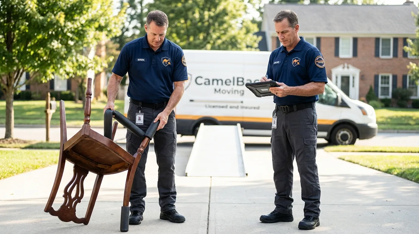 Movers inspecting furniture for damage prevention before loading in Jamestown, ND