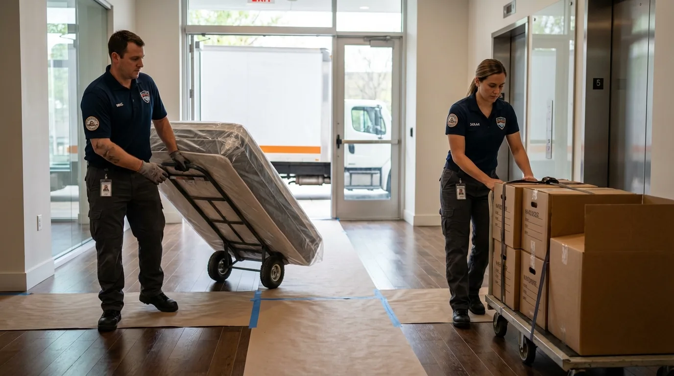 Professional apartment movers loading elevator in Jamestown, ND